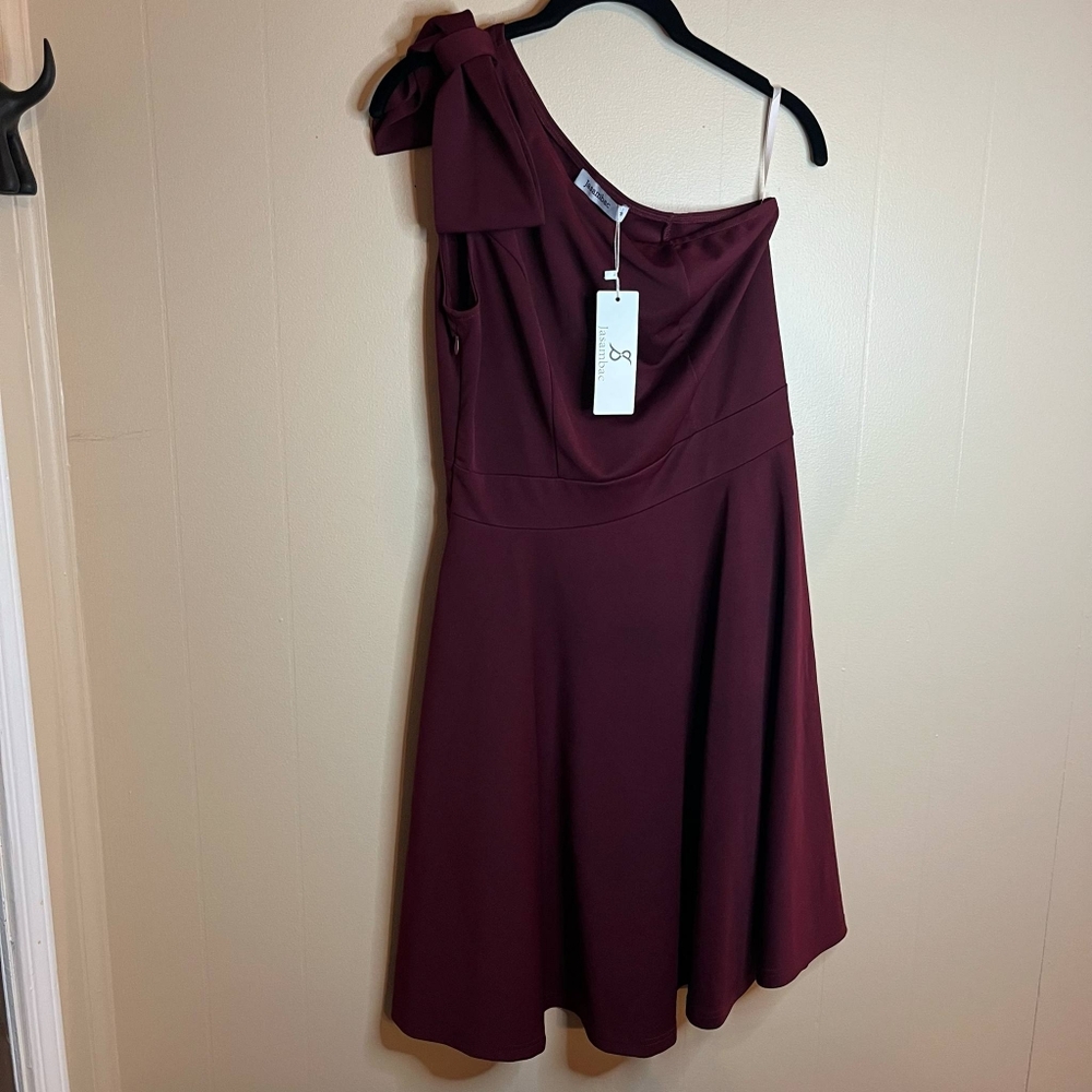 Jasambac Formal Bodycon Bow One Shoulder Dress Wine Red